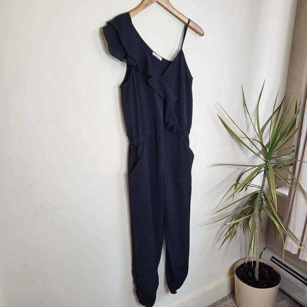 Parker Ruffled Jumpsuit Size 2 Black Ruffle Faux Wrap - Picture 3 of 12